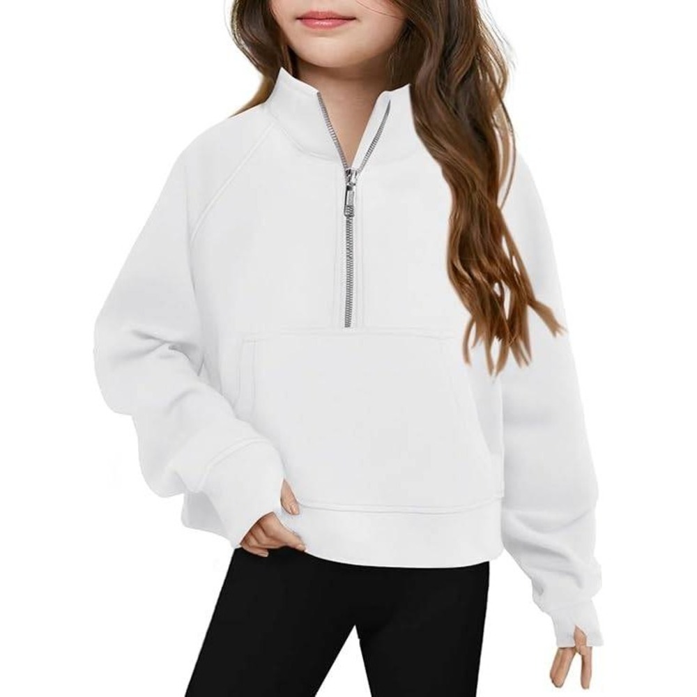 Girls White Quarter Zip Pullover Sweatshirt‎ Fleece Lined Pocket Size 9/10
